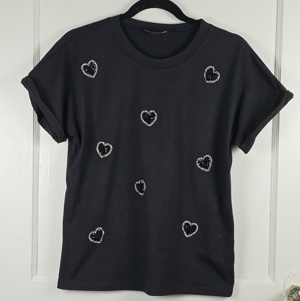Anthropologie On 12th Black Sparkly Heart Tee Small